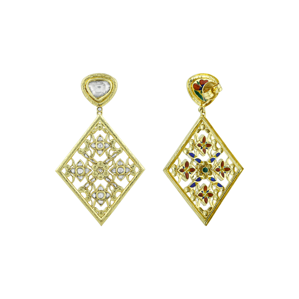 Polki Earrings with Gold Lattice Design